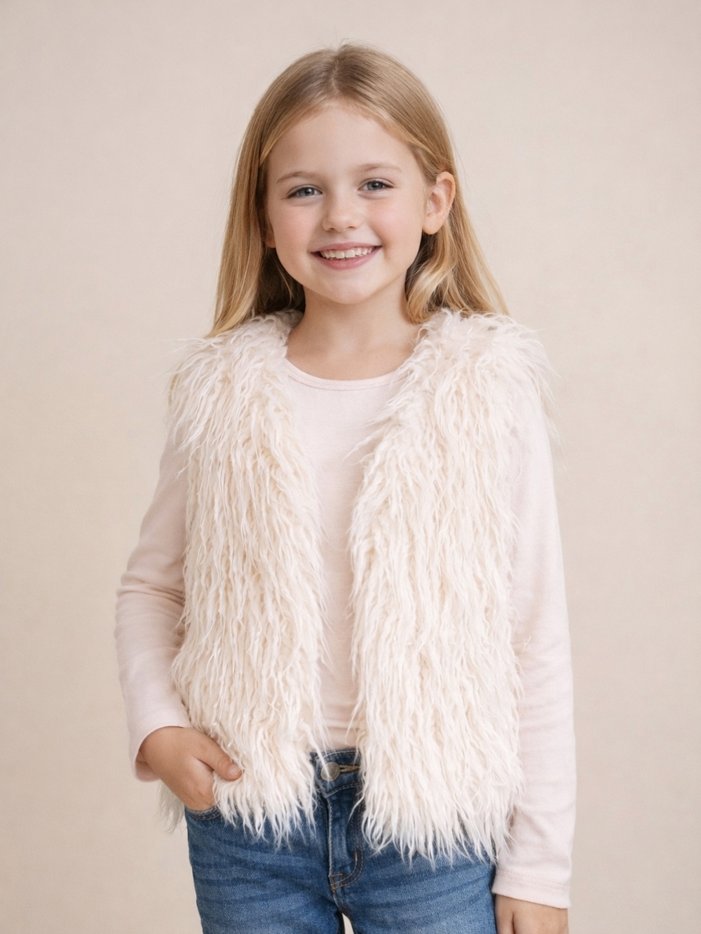 NEW Girls Faux Fur Vest Size 7/8 Ivory White Shaggy Sleeveless Fashion Coat 130